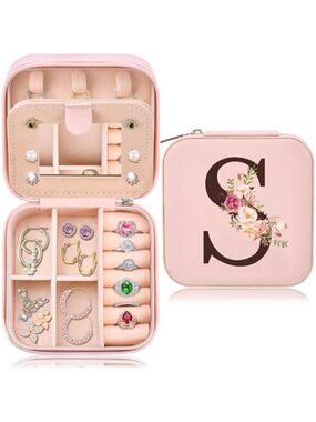Initial S Travel Jewelry Case Box Organizer Pink Personalized Gift for Women Mom